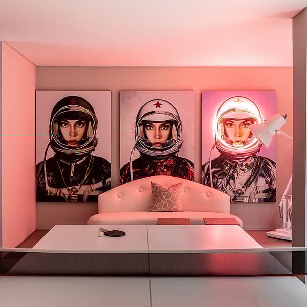 Neon - Space Girl In Silver With Logos 100X150, 100cm x 150cm - Andrew Martin