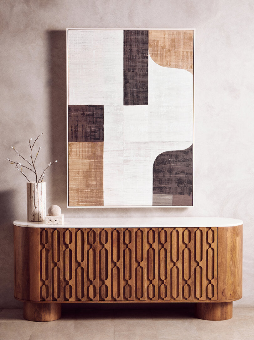 Crane Mango Wood Carved Design Marble Top Three Door