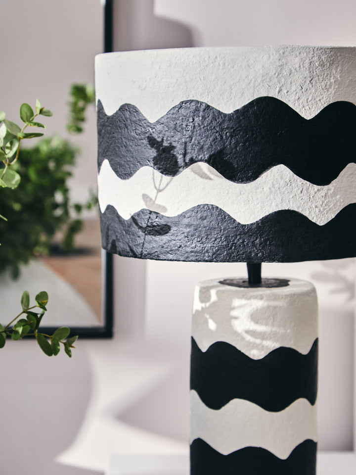 Thrush 50cm Black And White Curved Stripe Papier Mache Table Lamp