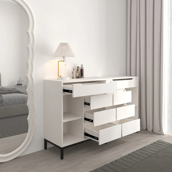 Modern White Double Dresser with Flip-Top Mirrors
