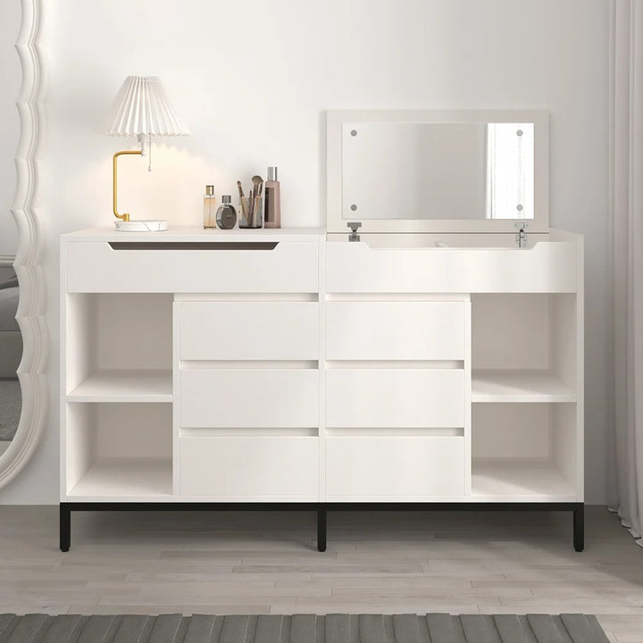 Modern White Double Dresser with Flip-Top Mirrors