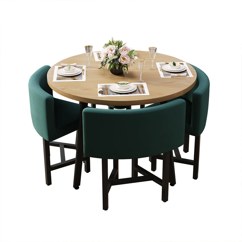 Round Small Dining Table Set Nesting with Upholstered 4 Chairs