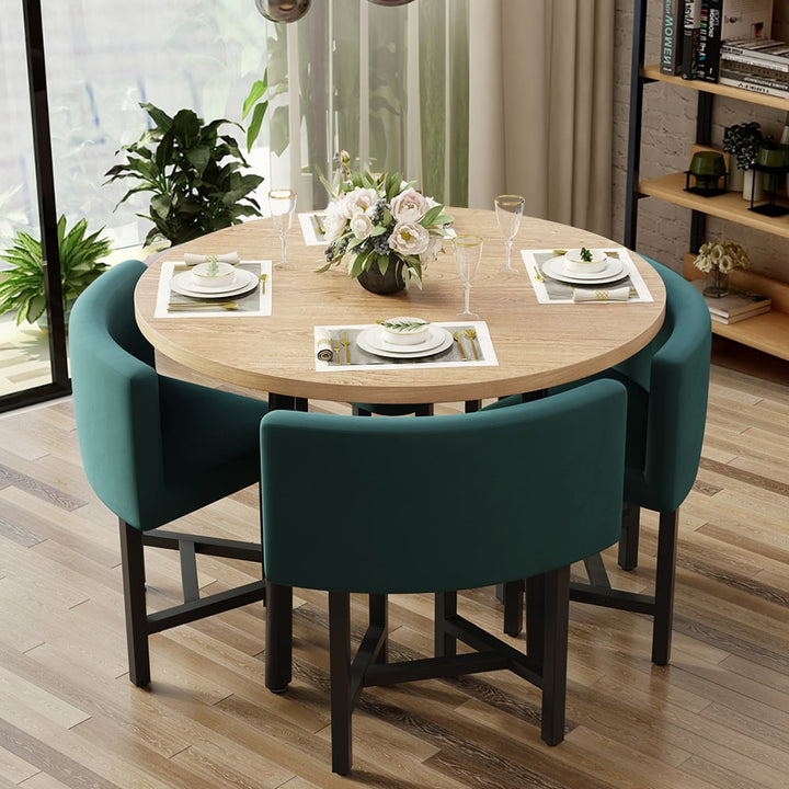 Round Small Dining Table Set Nesting with Upholstered 4 Chairs