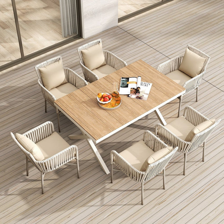 7 Pieces Outdoor Dining Set Trestle Table and 6 Woven Rattan Armchair