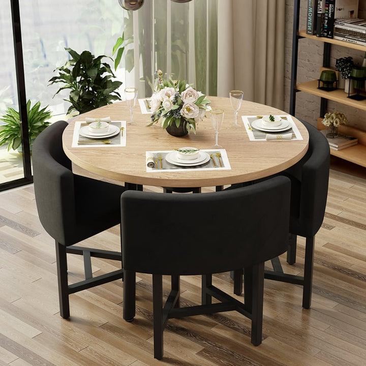 Round Small Dining Table Set Nesting with Upholstered 4 Chairs
