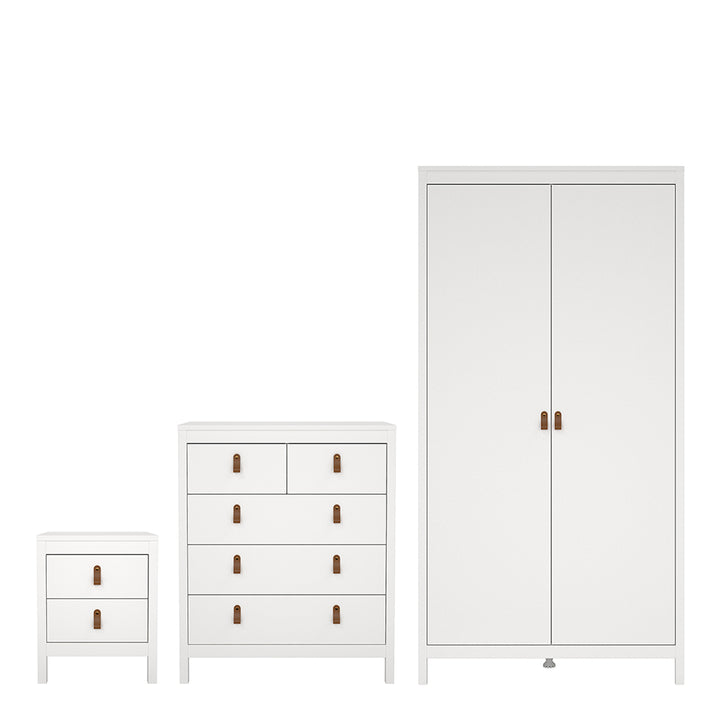 Barcelona Package - Bedside Table 2 Drawers + Chest 5 Drawers + Wardrobe with 2 Doors in White