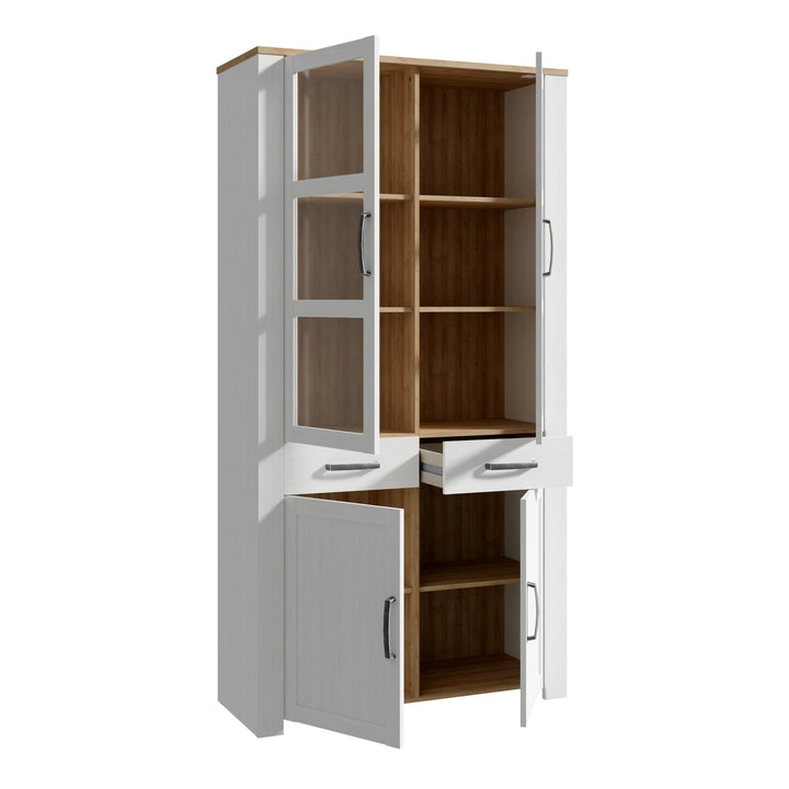 Bohol Display Cabinet 4 Door 2 Drawer in Oak/White inc LED Lighting