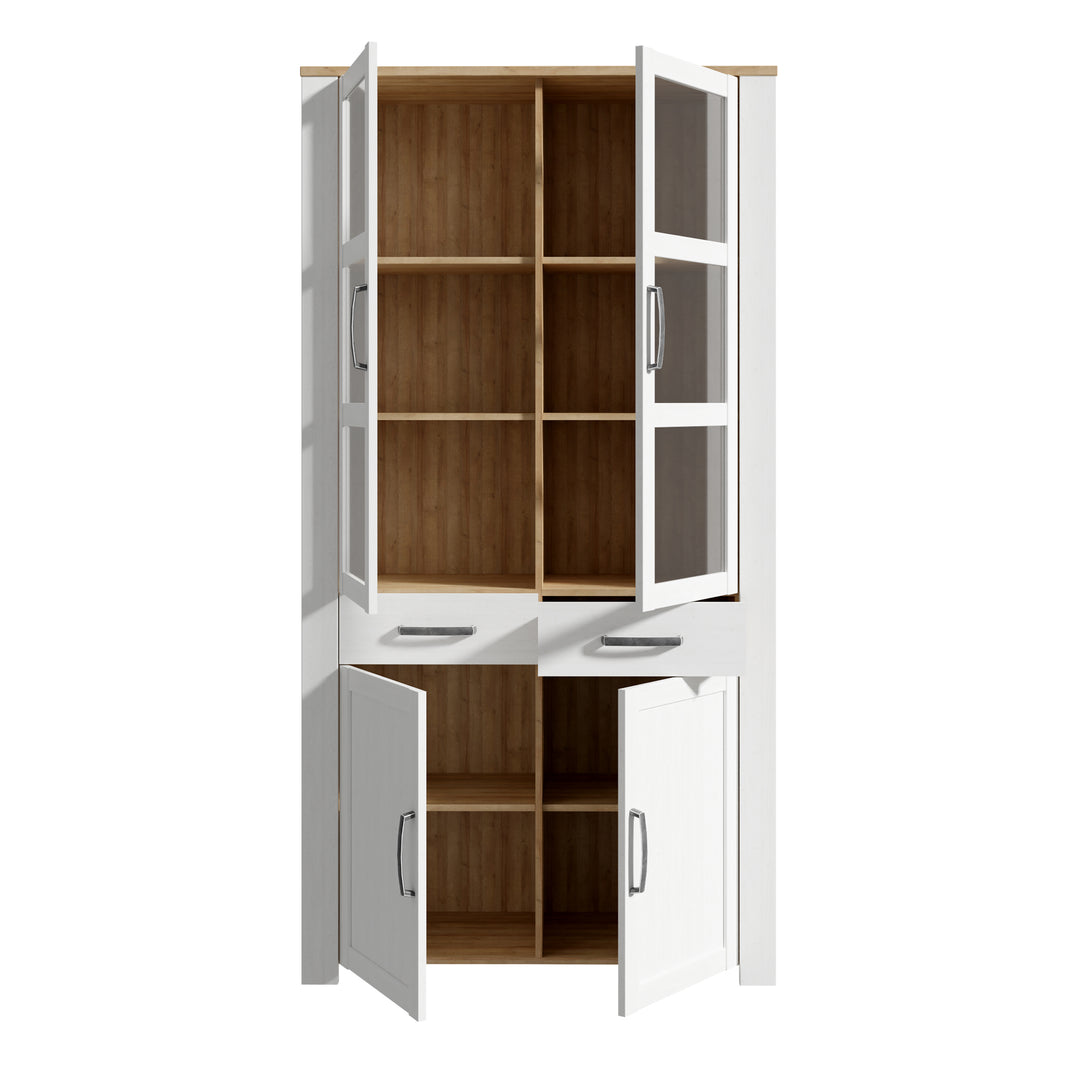 Bohol Display Cabinet 4 Door 2 Drawer in Oak/White inc LED Lighting
