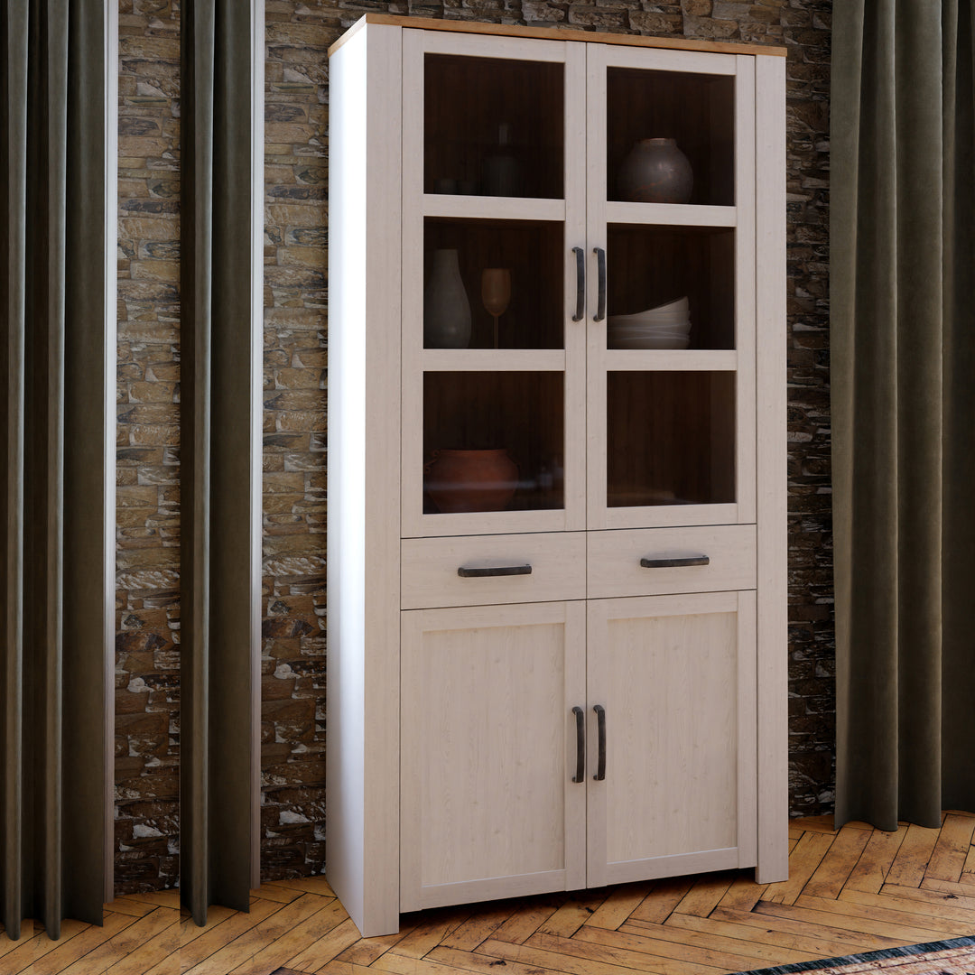 Bohol Display Cabinet 4 Door 2 Drawer in Oak/White