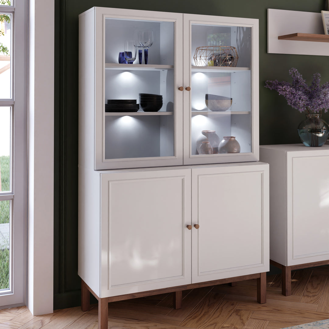 Wensley Display Cabinet with 2 Doors and 2 Glass Doors in Light Grey and Oak inc LED Lighting