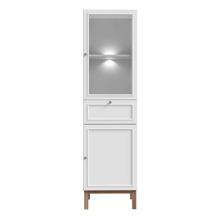 Wensley Display Cabinet with 1 Door 1 Drawer and  1 Glass Door in Light Grey and Oak inc LED Lighting