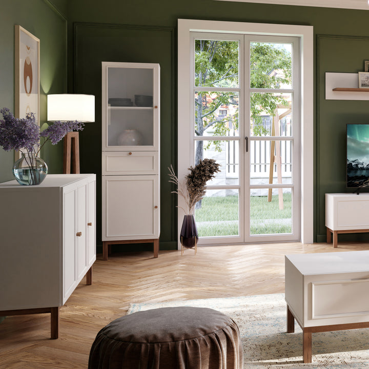 Wensley Display Cabinet with 1 Door 1 Drawer and  1 Glass Door in Light Grey and Oak inc LED Lighting