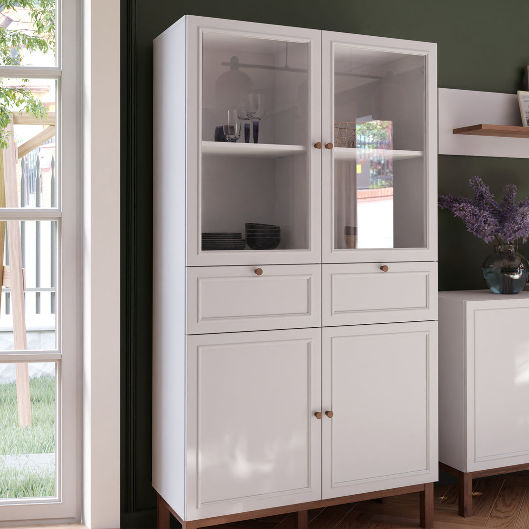 Wensley Display Cabinet with 2 Doors 2 Drawers and 2 Glass Doors in Light Grey and Oak