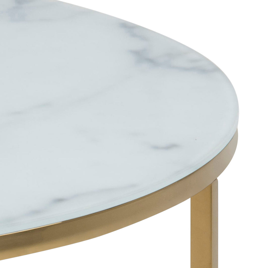 Alisma Round Coffee Table with White Crystal Clear Marble Glass Top & Gold Legs