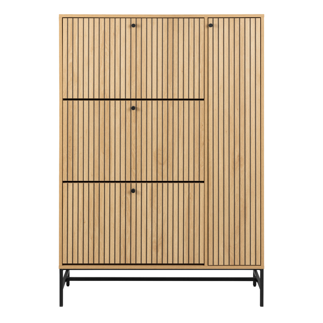 Albany Shoe Cabinet 3 Flip Down Doors 1 Pull Open Door in Oak/Black Legs