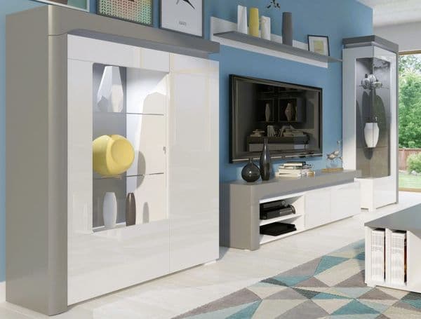 Orchid Grey And White Gloss Low Wide Display Cabinet with LED Lights