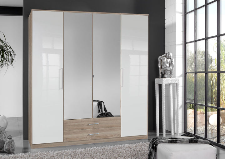 Jasmine White Gloss And Oak Effect 4 Door Wardrobe