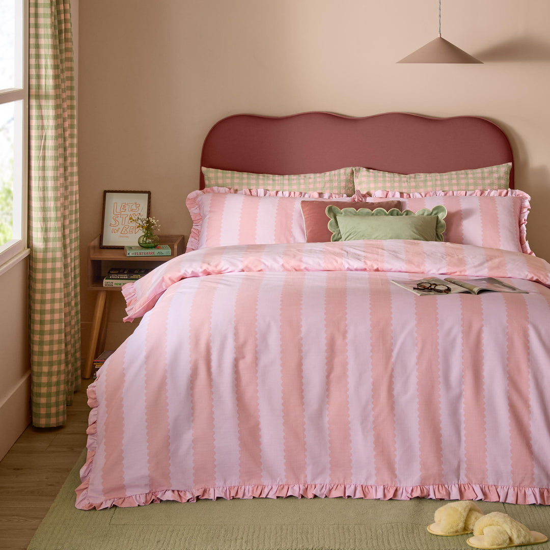 Birdie Stripe Single Duvet Set Pink/Raspberry