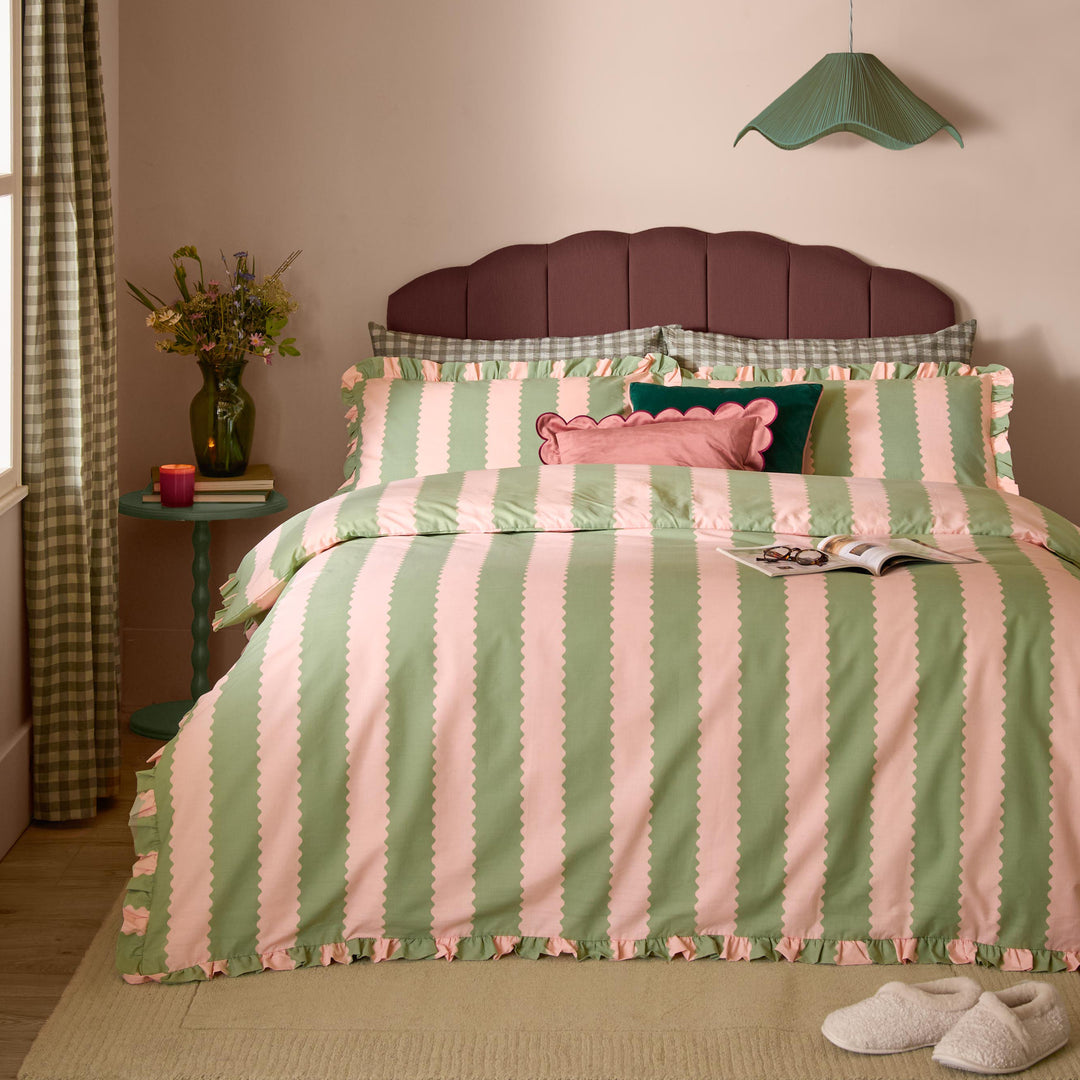 Birdie Stripe Single Duvet Set Pink/Green