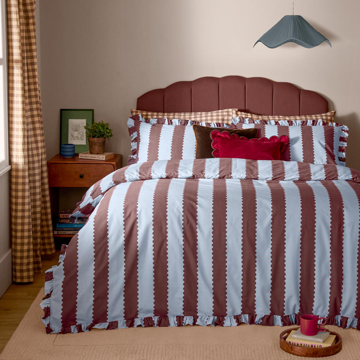 Birdie Stripe Super King Duvet Set Blue/Chocolate