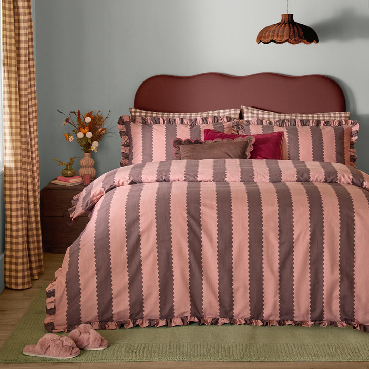 Birdie Stripe Super King Duvet Set Rose/Chocolate
