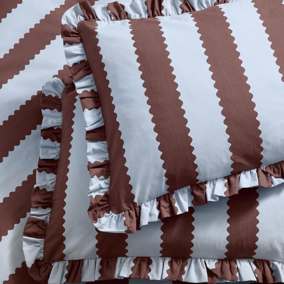 Birdie Stripe Pillowcase Pairs Blue/Chocolate