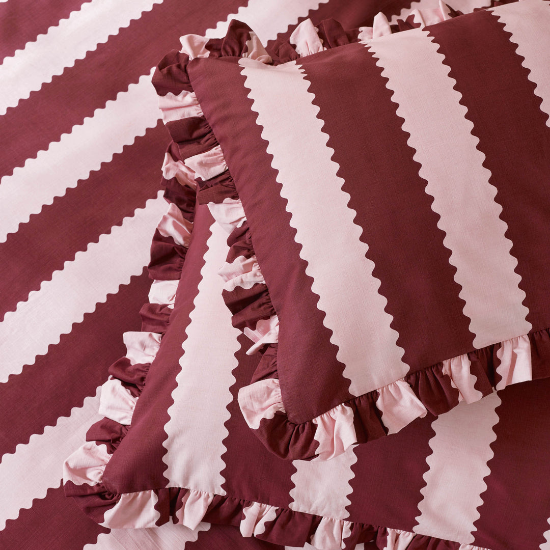 Birdie Stripe Pillowcase Pairs Burgundy/Blossom