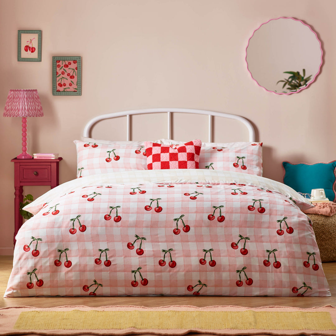 Cherry Gingham Super King Duvet Set Pink