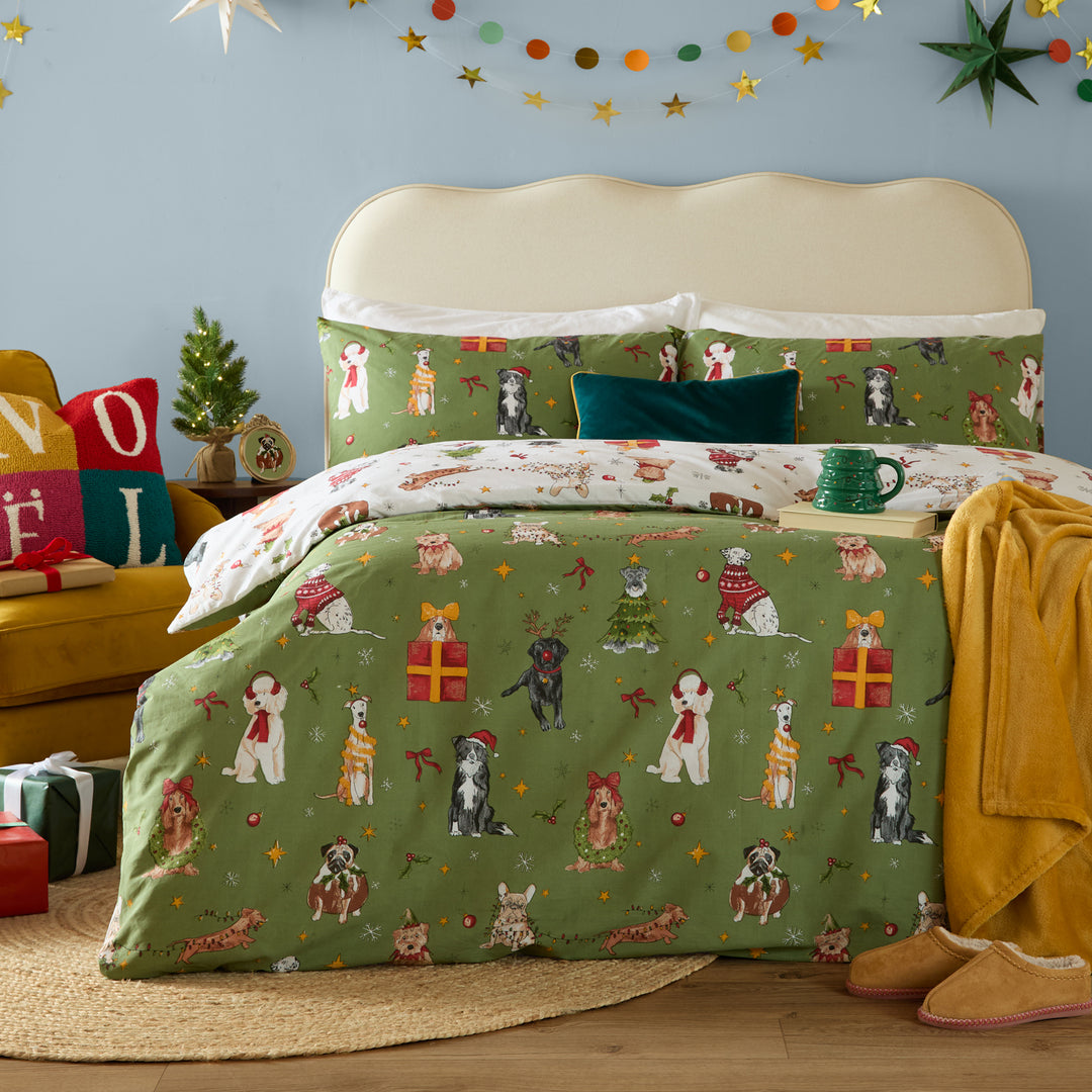 Christmas Pawty Double Duvet Set Green