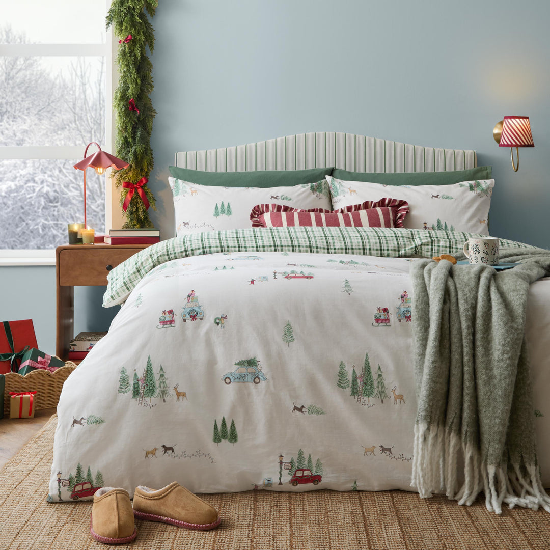 Christmas Tree Lane Single Duvet Set Natural/Sage