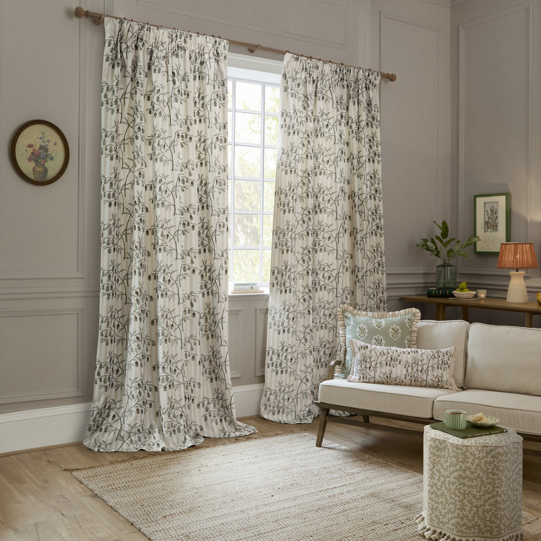 CHINESE LANTERNS 167X182 PENCIL PLEAT CURTAINS LINEN