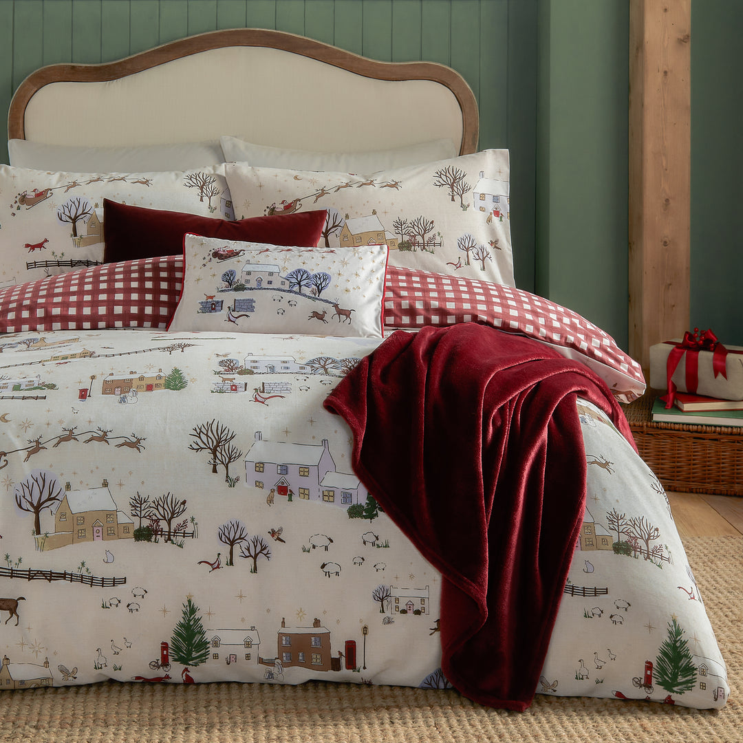 COTSWOLDS CHRISTMAS SINGLE DUVET SET CREAM/BURGUNDY