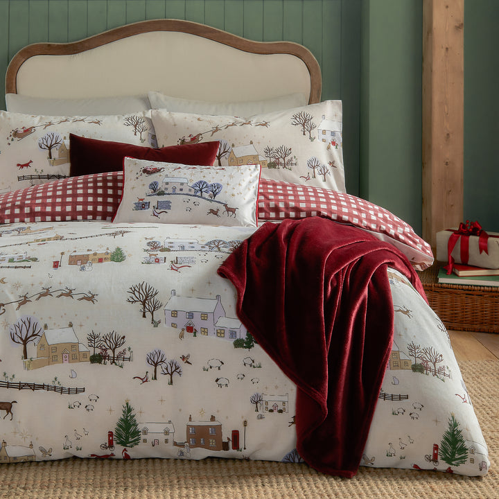COTSWOLDS CHRISTMAS KING SIZE DUVET SET CREAM/BURGUNDY