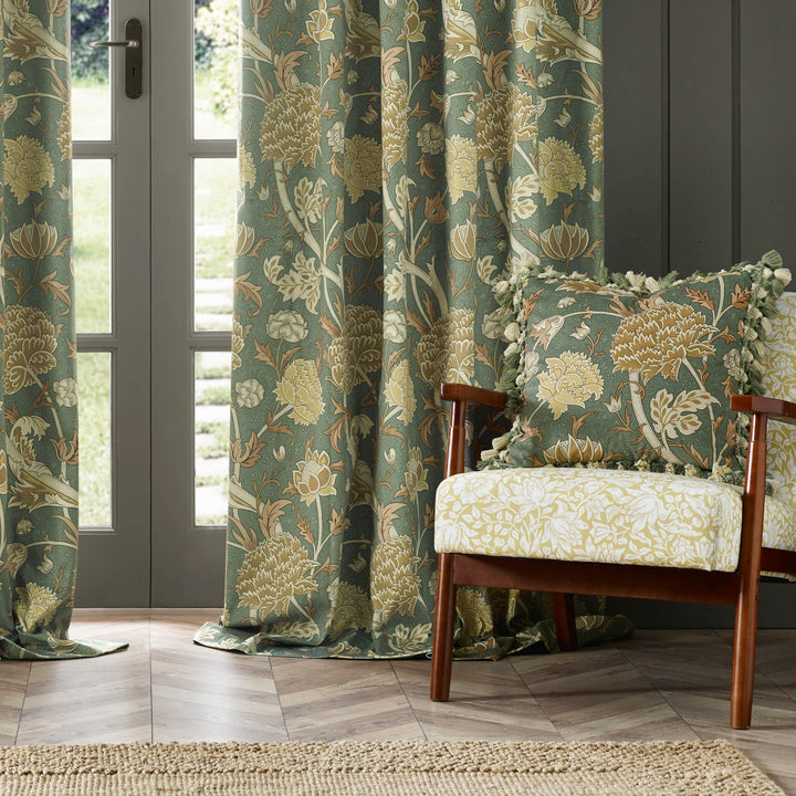 CRAY 228X182 PENCIL PLEAT CURTAINS SAGE/SUNFLOWER