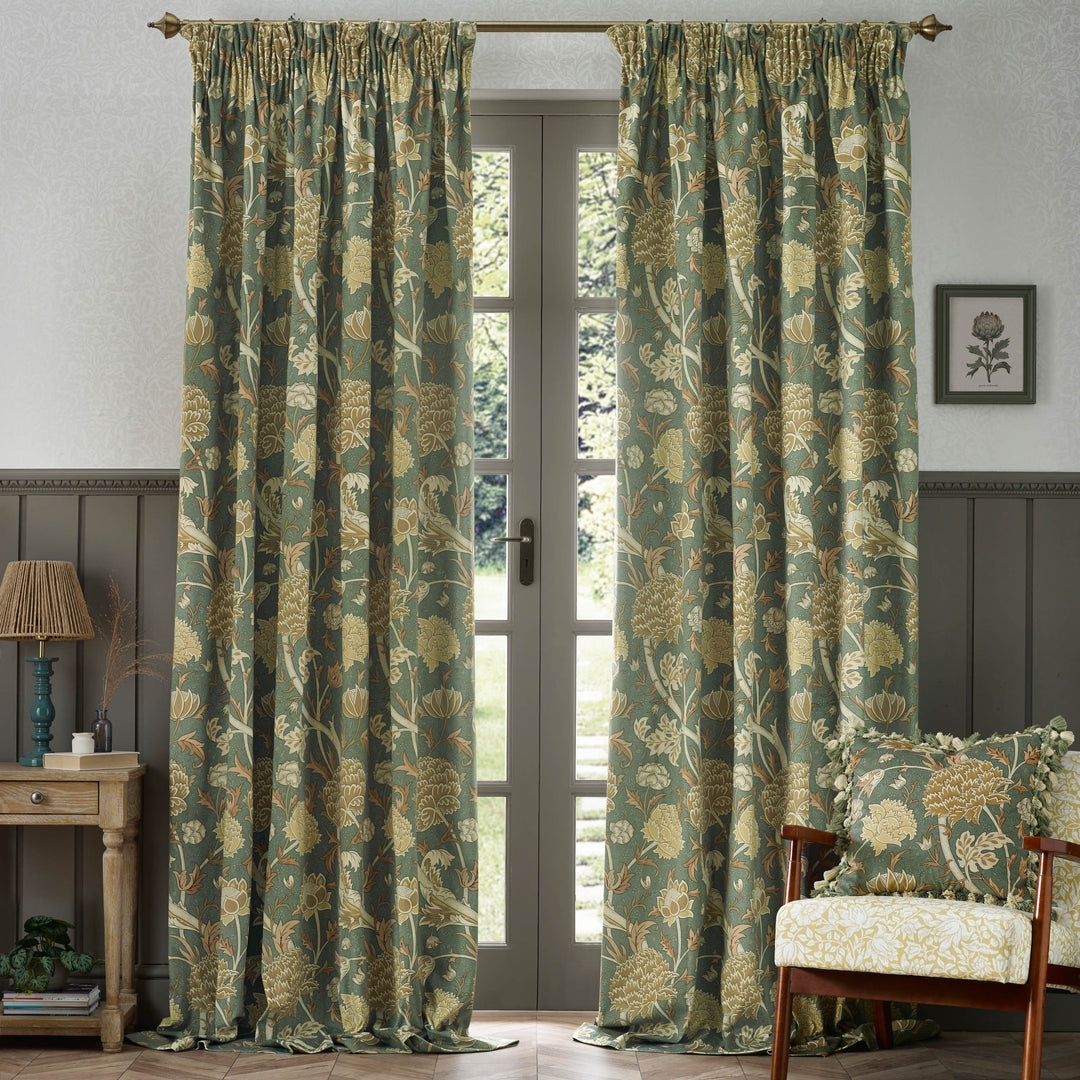 CRAY 228X228 PENCIL PLEAT CURTAINS SAGE/SUNFLOWER