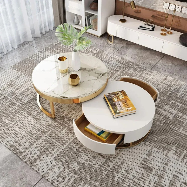 Nesnesis Round Sintered Stone Nesting Wood Coffee Table