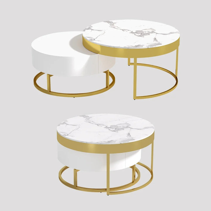 Nesnesis Round Sintered Stone Nesting Wood Coffee Table