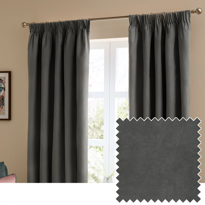 Deluxe Velvet Blackout 168x137 Pencil Pleat Curtains Charcoal