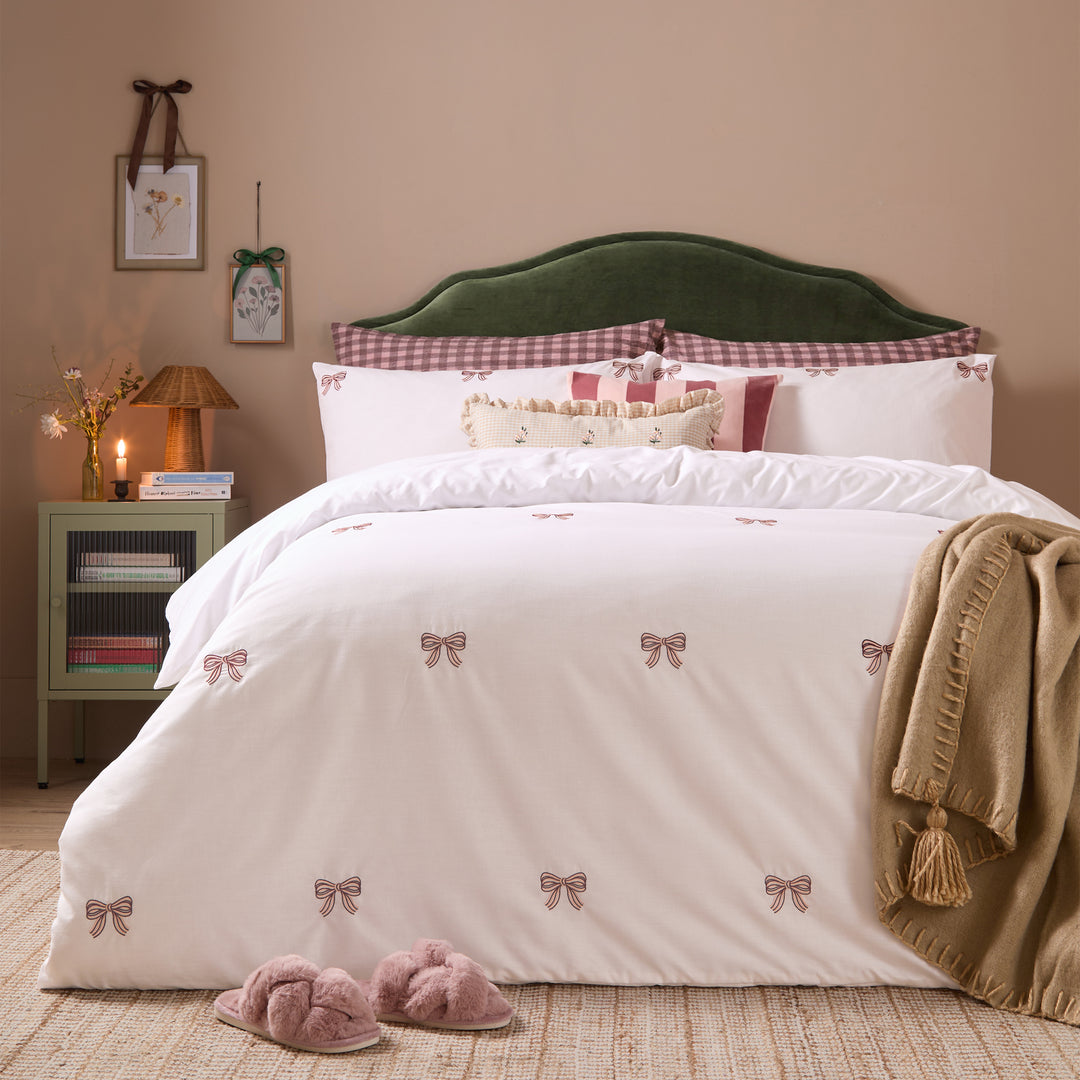 Embroidered Bows Single Duvet Set Burgundy/Pink