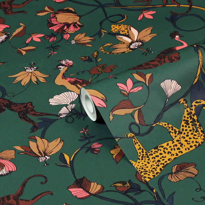 EXOTIC WILDLINGS WALLPAPER JUNIPER GREEN
