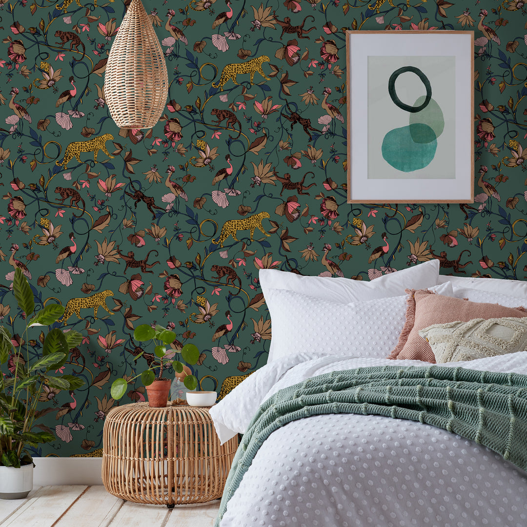 EXOTIC WILDLINGS WALLPAPER JUNIPER GREEN
