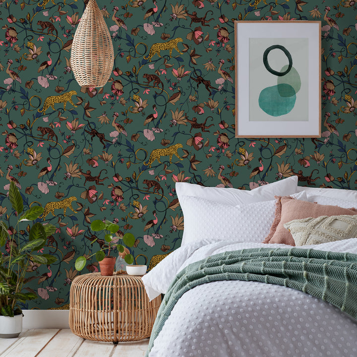 EXOTIC WILDLINGS WALLPAPER JUNIPER GREEN