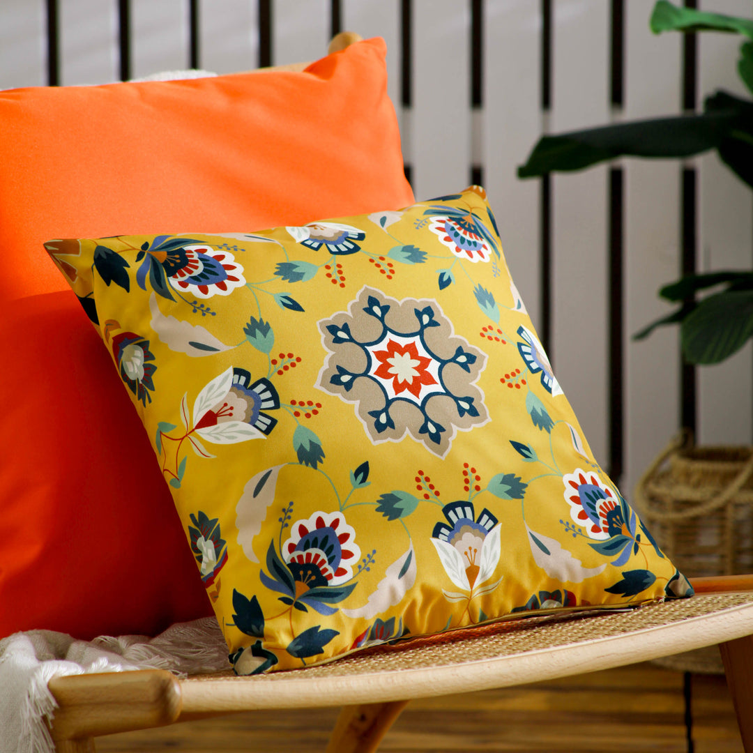 Folk Flora 43x43 Outdoor Cushion Cover Ochre