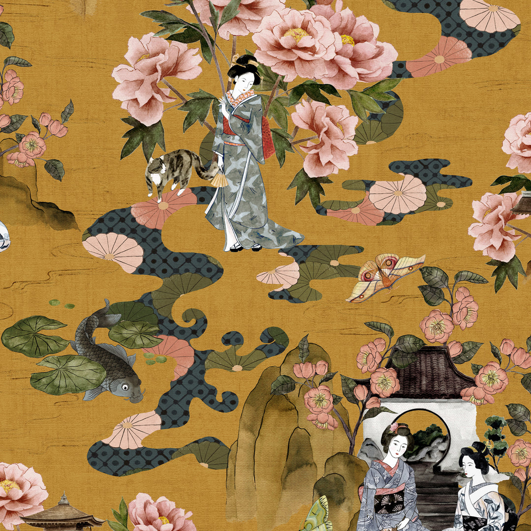 Geisha Wallpaper Ochre Sample