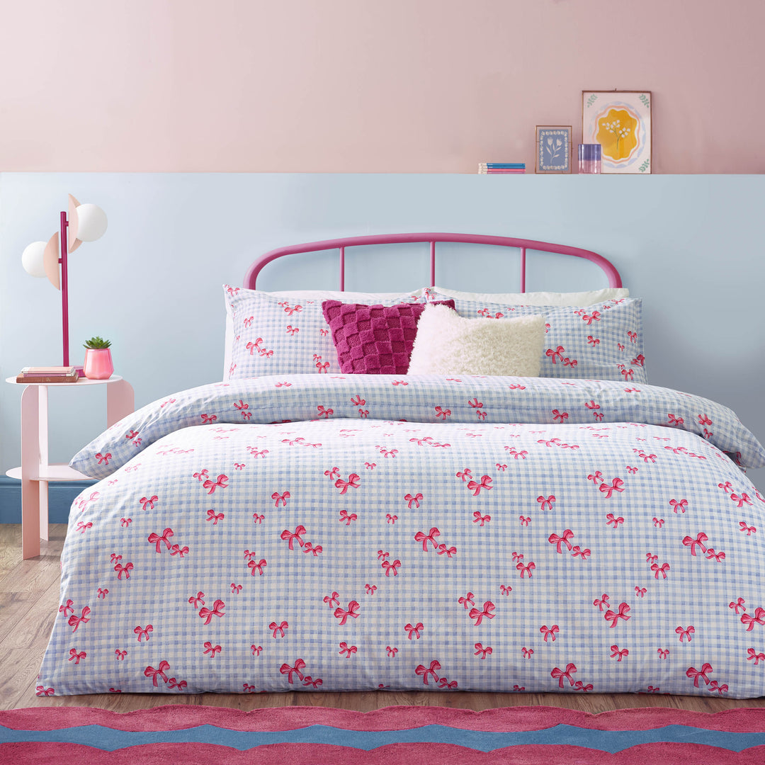Gingham Bows Single Duvet Set Blue