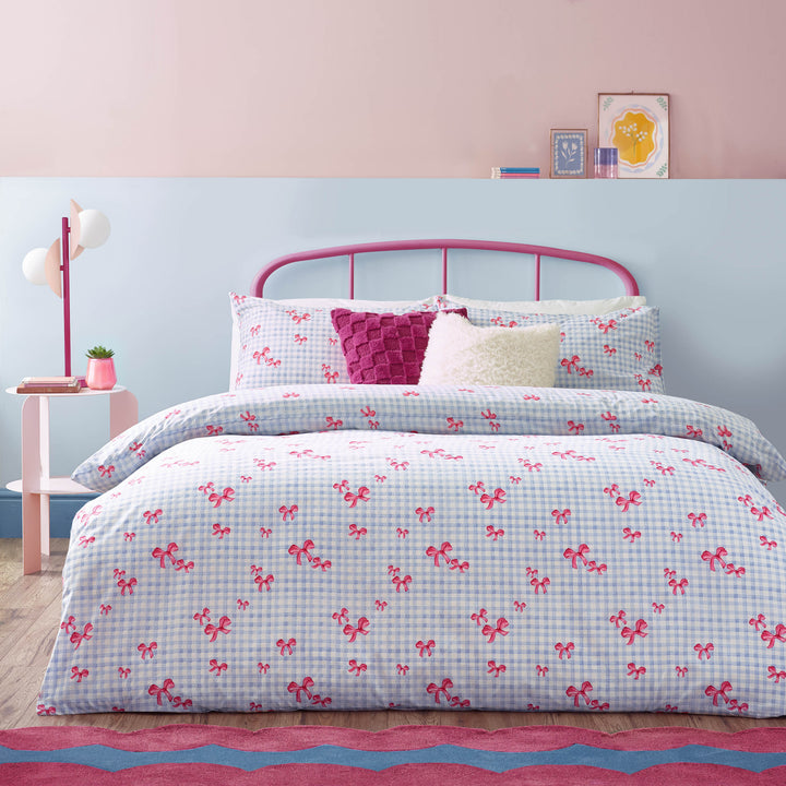 Gingham Bows Double Duvet Set Blue