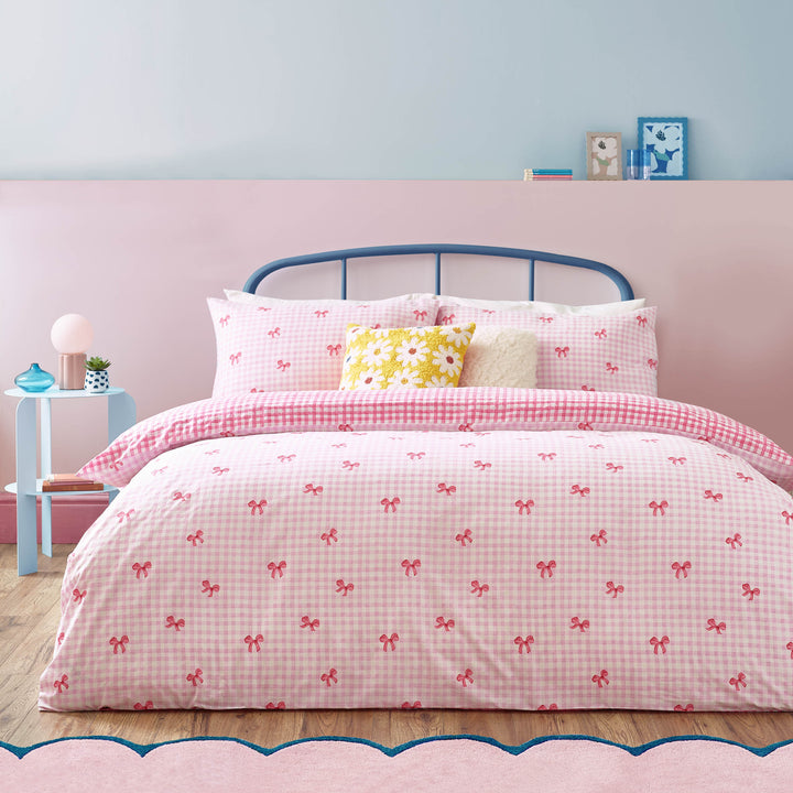 Gingham Bows King Size Duvet Set Pink