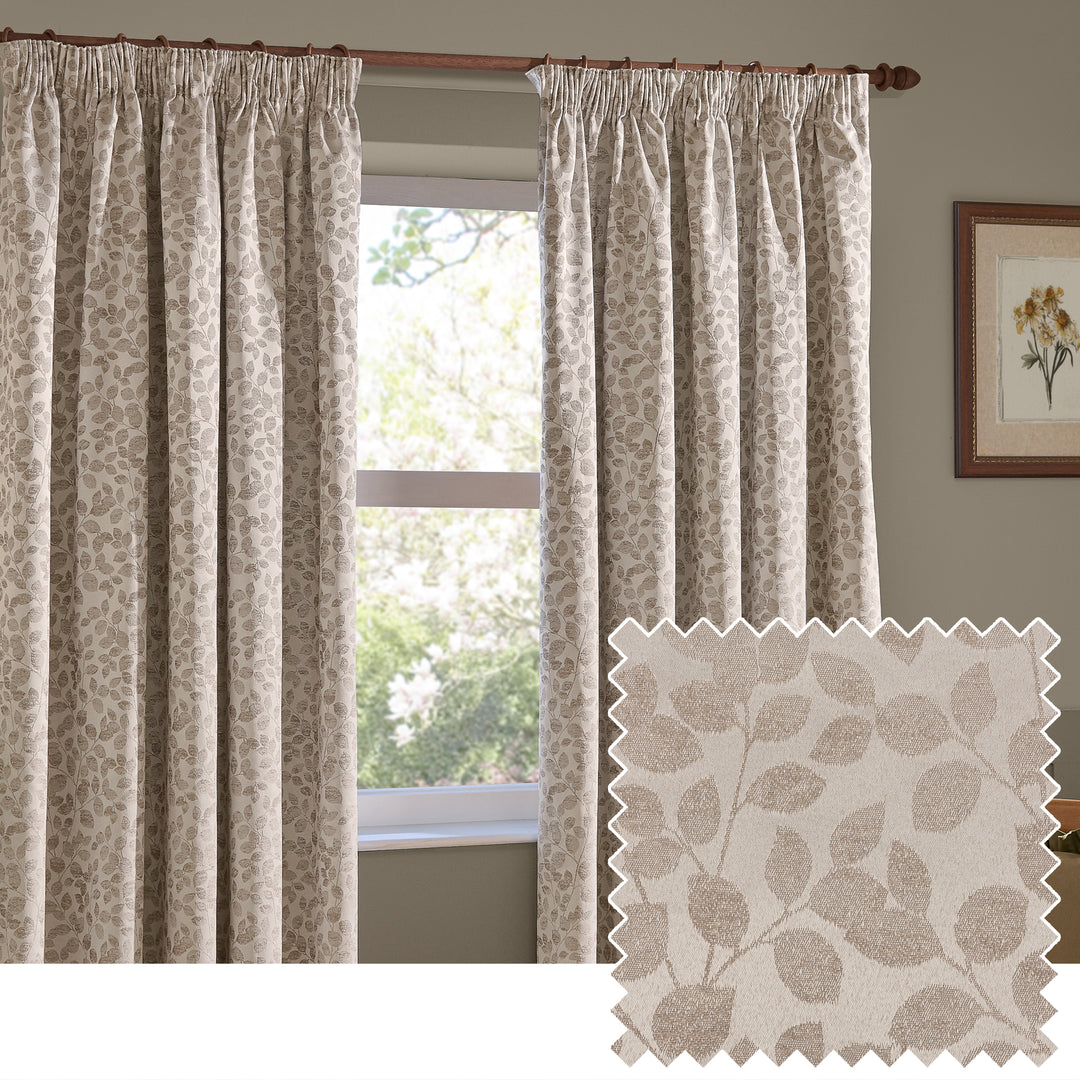 Grace Leaf 168x137 Pencil Pleat Curtains Natural