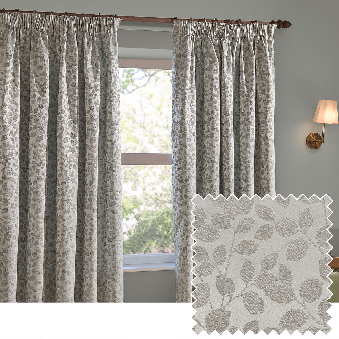 Grace Leaf 229x137 Pencil Pleat Curtains Mist Grey