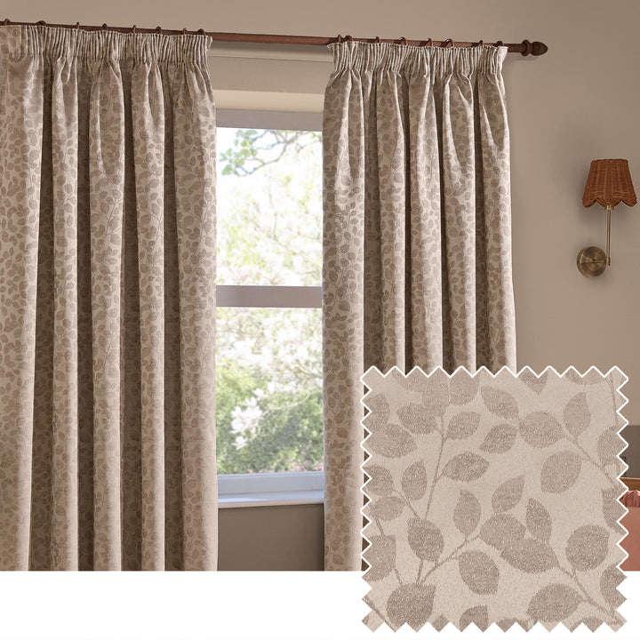 Grace Leaf 229x137 Pencil Pleat Curtains Taupe